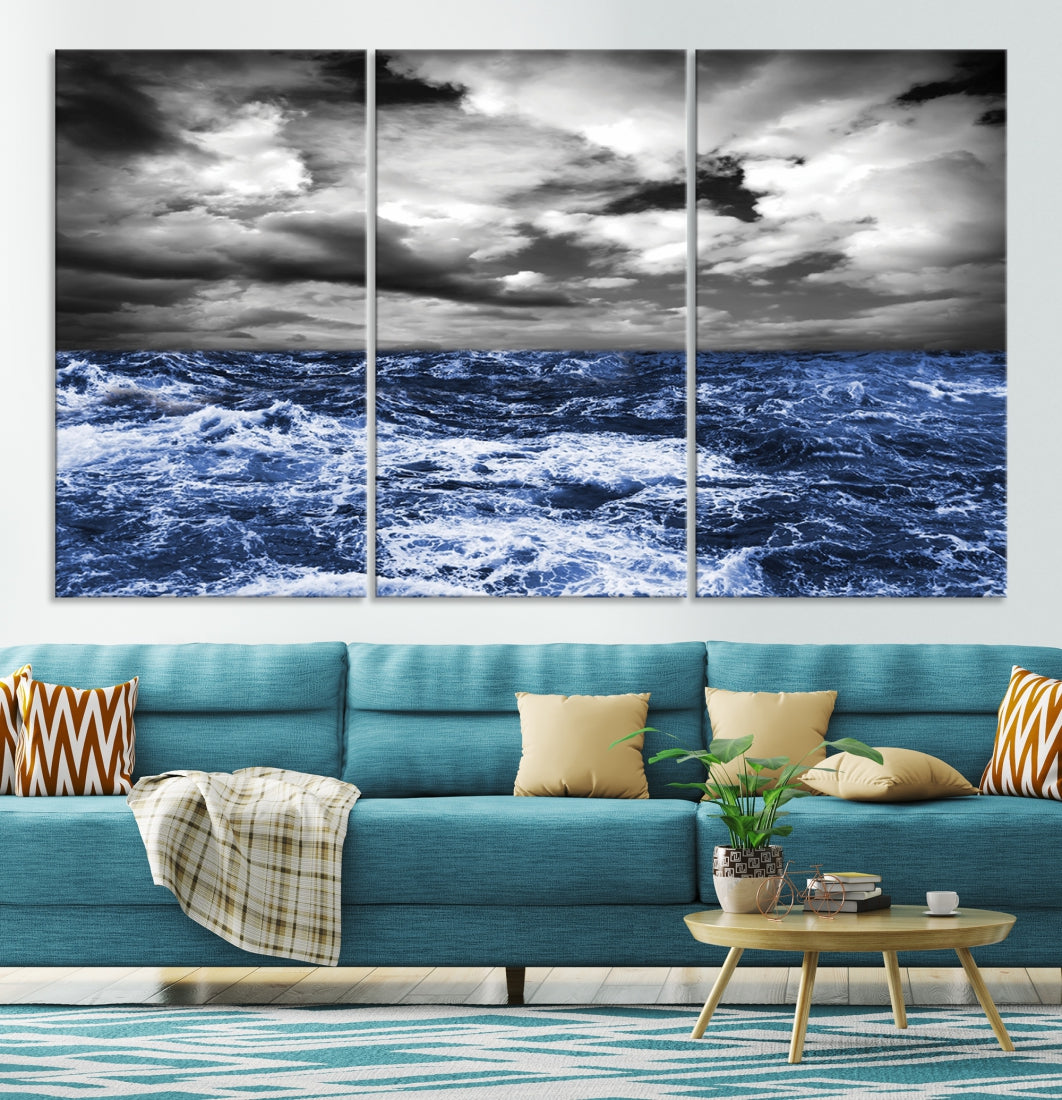 Black and Blue Hurricane on Ocean Wall Art Stormy Sea Canvas Print