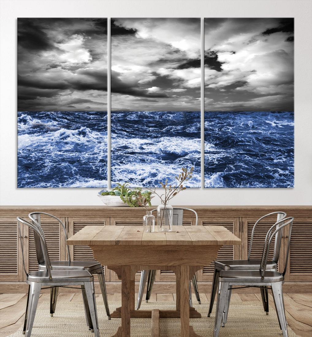 Black and Blue Hurricane on Ocean Wall Art Stormy Sea Canvas Print