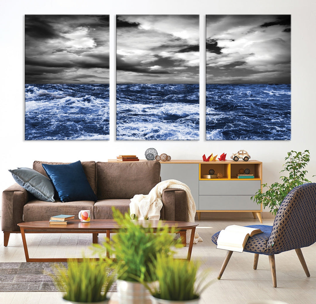 Black and Blue Hurricane on Ocean Wall Art Stormy Sea Canvas Print