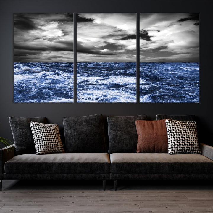 Black and Blue Hurricane on Ocean Wall Art Stormy Sea Canvas Print