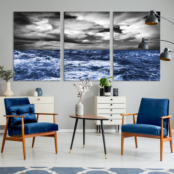 Black and Blue Hurricane on Ocean Wall Art Stormy Sea Canvas Print