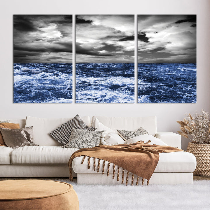 Black and Blue Hurricane on Ocean Wall Art Stormy Sea Canvas Print