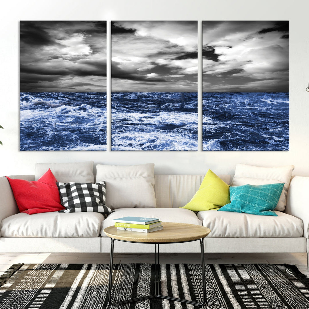 Black and Blue Hurricane on Ocean Wall Art Stormy Sea Canvas Print