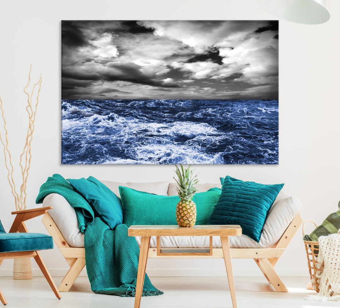 Black and Blue Hurricane on Ocean Wall Art Stormy Sea Canvas Print