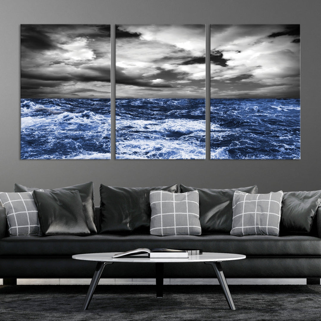 Black and Blue Hurricane on Ocean Wall Art Stormy Sea Canvas Print