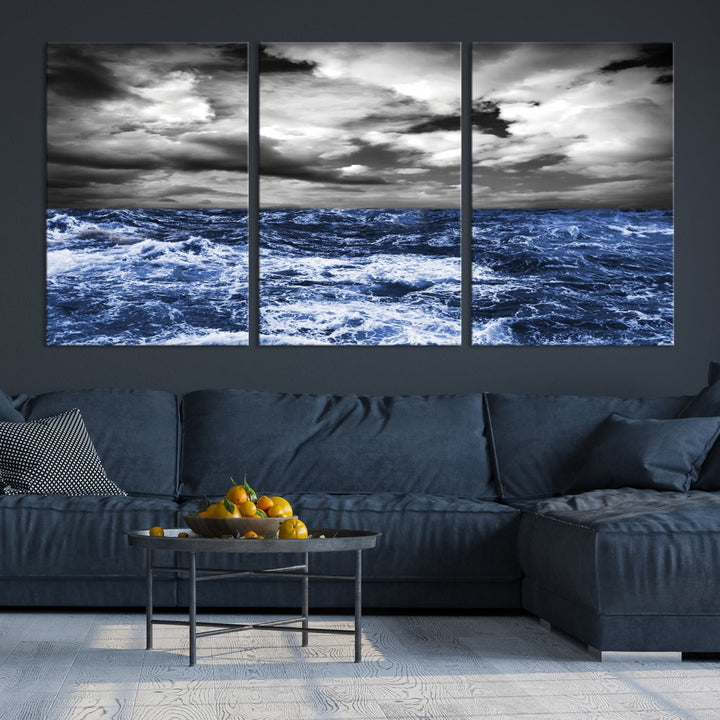 Black and Blue Hurricane on Ocean Wall Art Stormy Sea Canvas Print