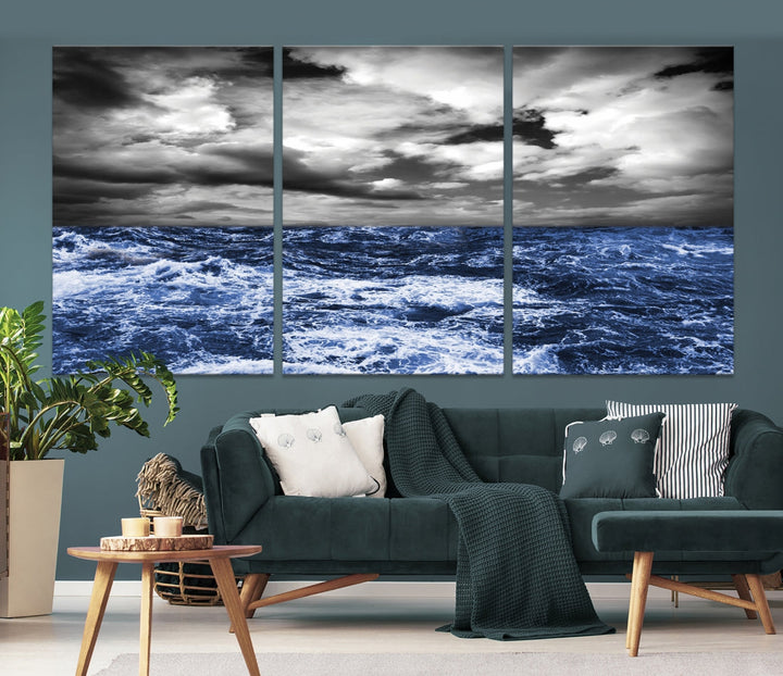 Black and Blue Hurricane on Ocean Wall Art Stormy Sea Canvas Print