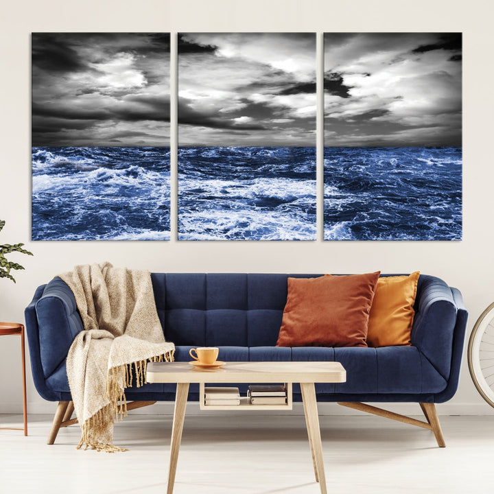 Black and Blue Hurricane on Ocean Wall Art Stormy Sea Canvas Print