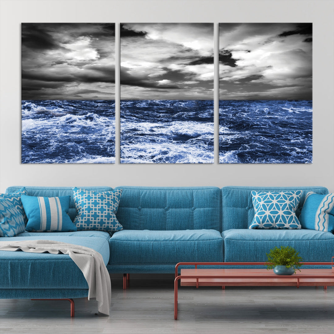 Black and Blue Hurricane on Ocean Wall Art Stormy Sea Canvas Print