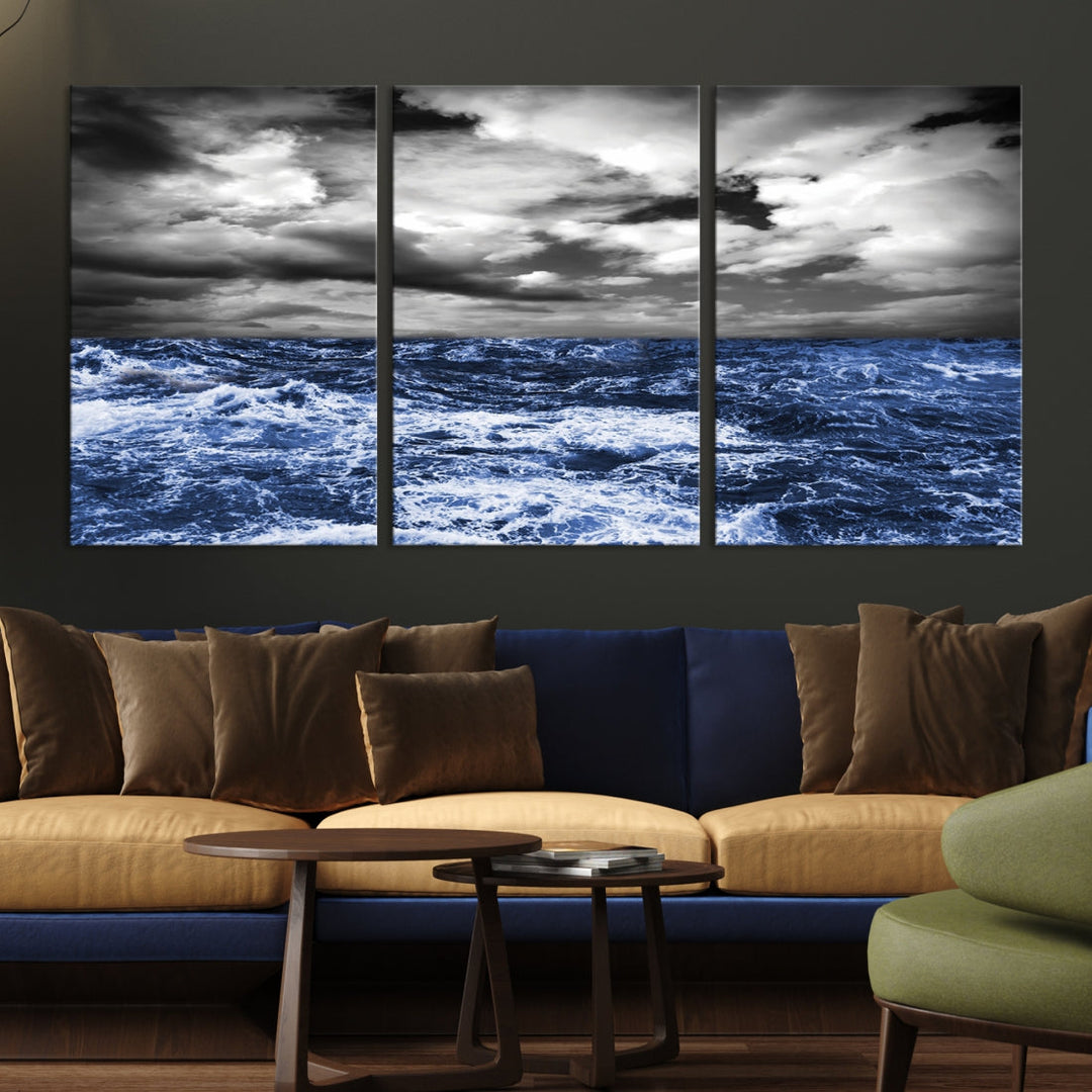 Black and Blue Hurricane on Ocean Wall Art Stormy Sea Canvas Print