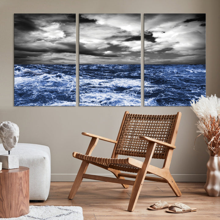 Black and Blue Hurricane on Ocean Wall Art Stormy Sea Canvas Print