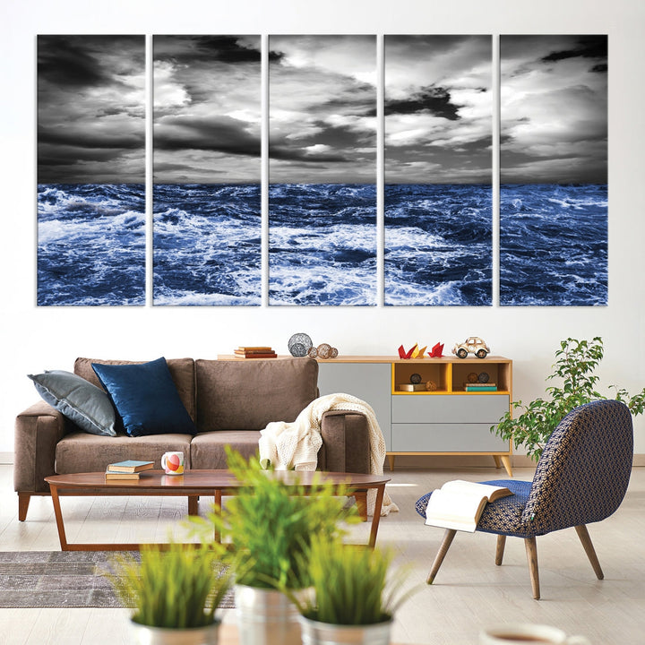 Black and Blue Hurricane on Ocean Wall Art Stormy Sea Canvas Print