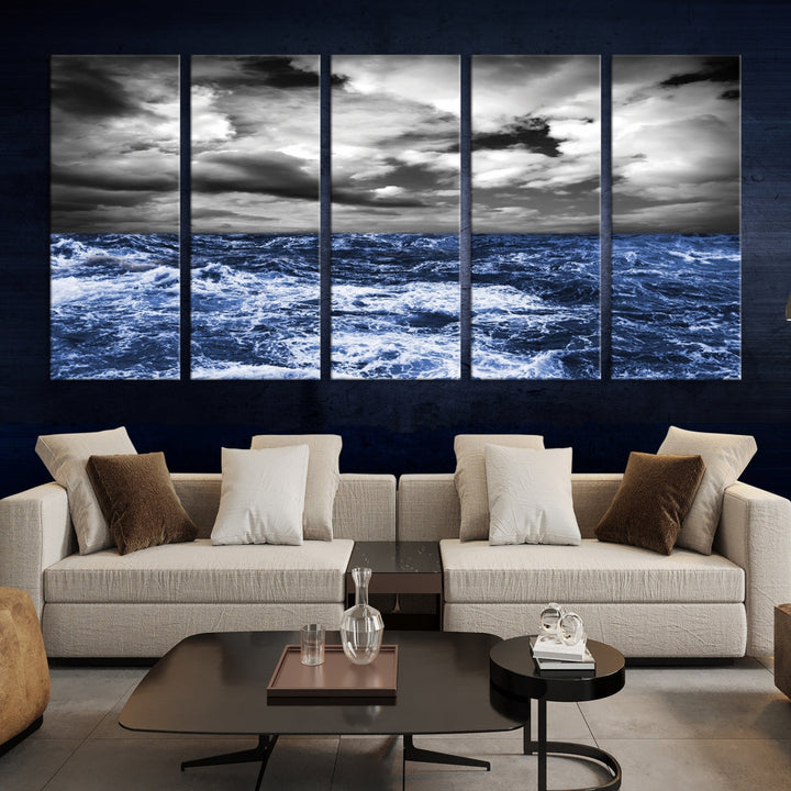 Black and Blue Hurricane on Ocean Wall Art Stormy Sea Canvas Print