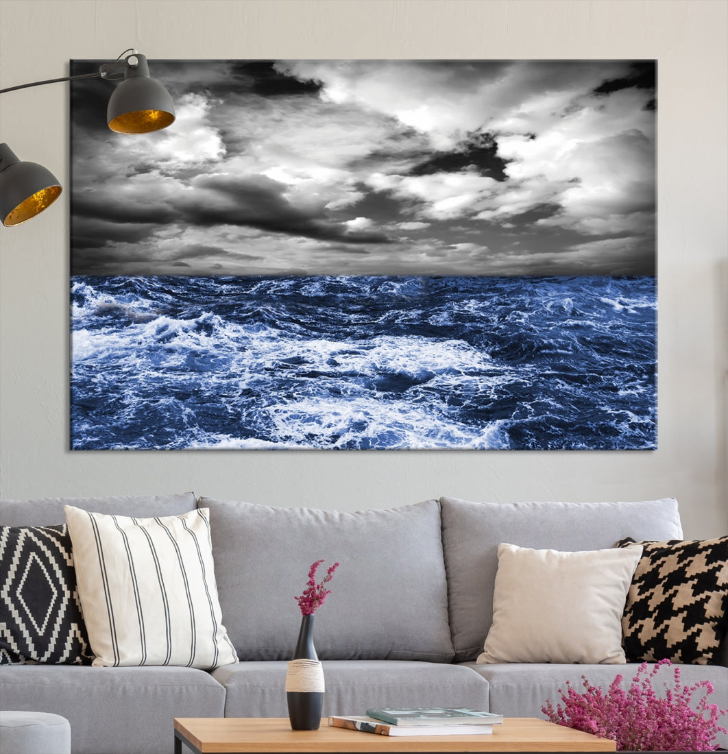 Black and Blue Hurricane on Ocean Wall Art Stormy Sea Canvas Print