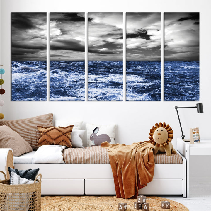 Black and Blue Hurricane on Ocean Wall Art Stormy Sea Canvas Print