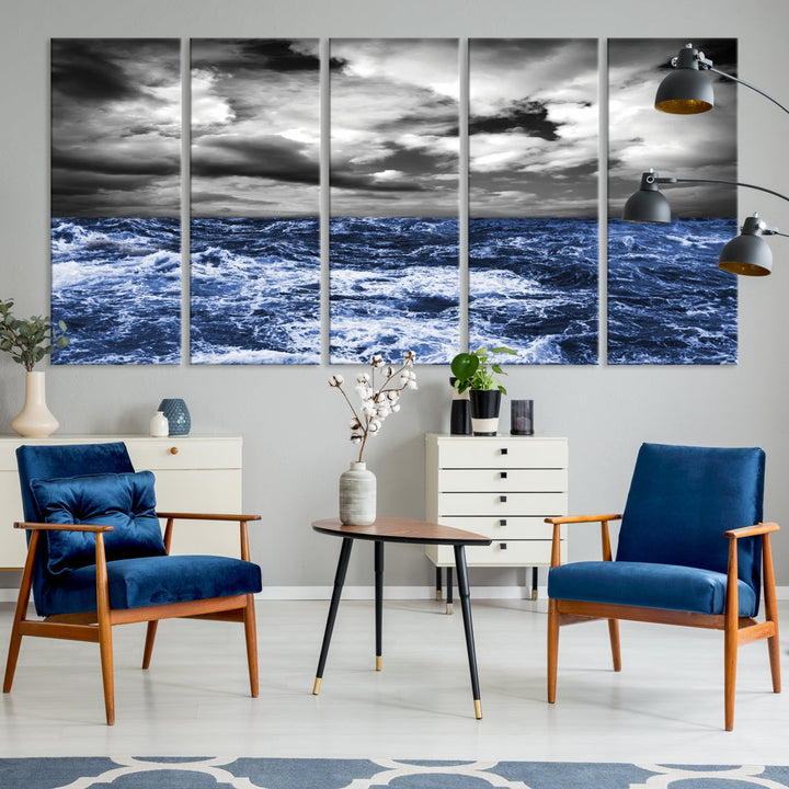 Black and Blue Hurricane on Ocean Wall Art Stormy Sea Canvas Print