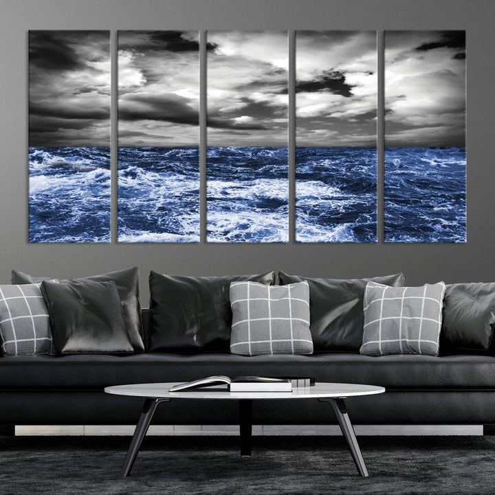 Black and Blue Hurricane on Ocean Wall Art Stormy Sea Canvas Print