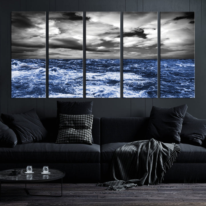 Black and Blue Hurricane on Ocean Wall Art Stormy Sea Canvas Print