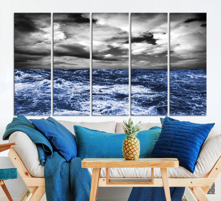 Black and Blue Hurricane on Ocean Wall Art Stormy Sea Canvas Print