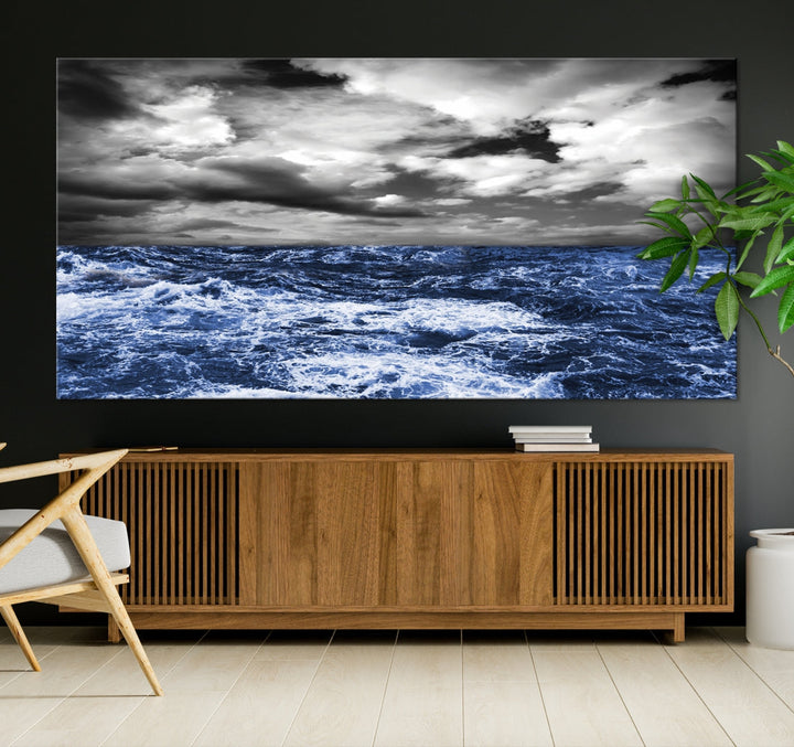 Black and Blue Hurricane on Ocean Wall Art Stormy Sea Canvas Print