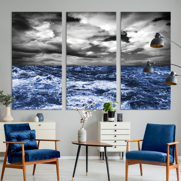 Black and Blue Hurricane on Ocean Wall Art Stormy Sea Canvas Print