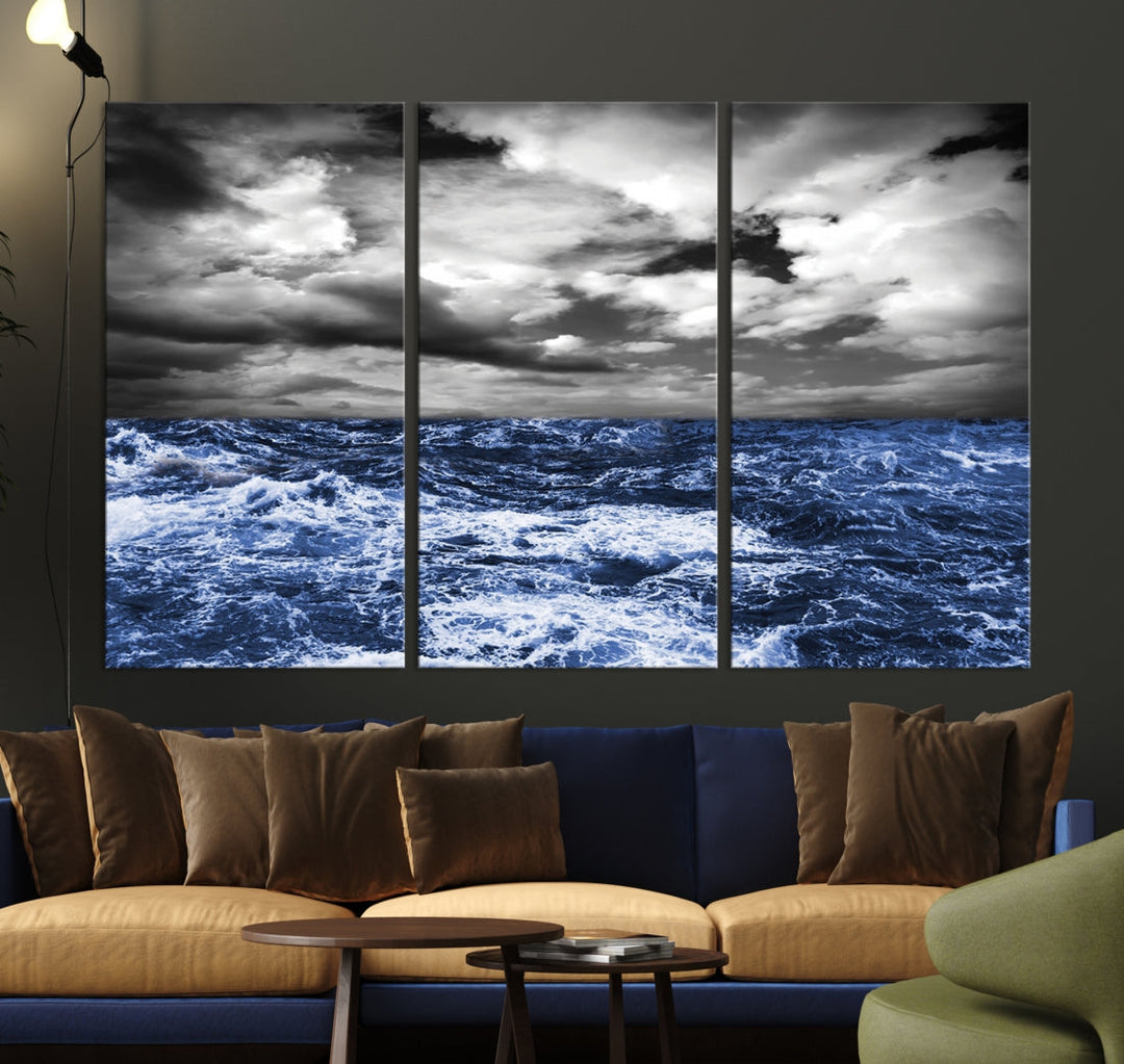 Black and Blue Hurricane on Ocean Wall Art Stormy Sea Canvas Print