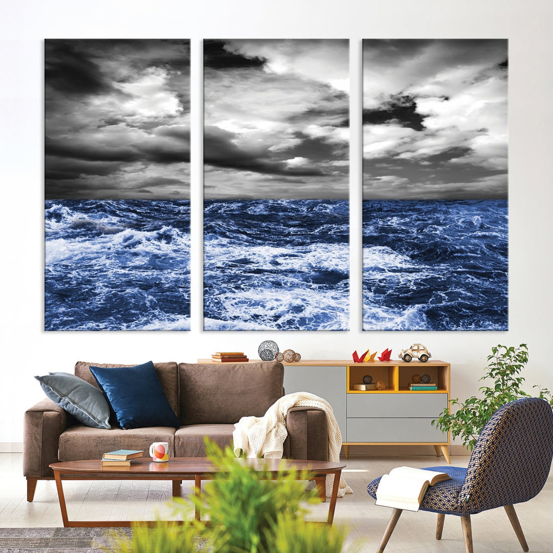 Black and Blue Hurricane on Ocean Wall Art Stormy Sea Canvas Print