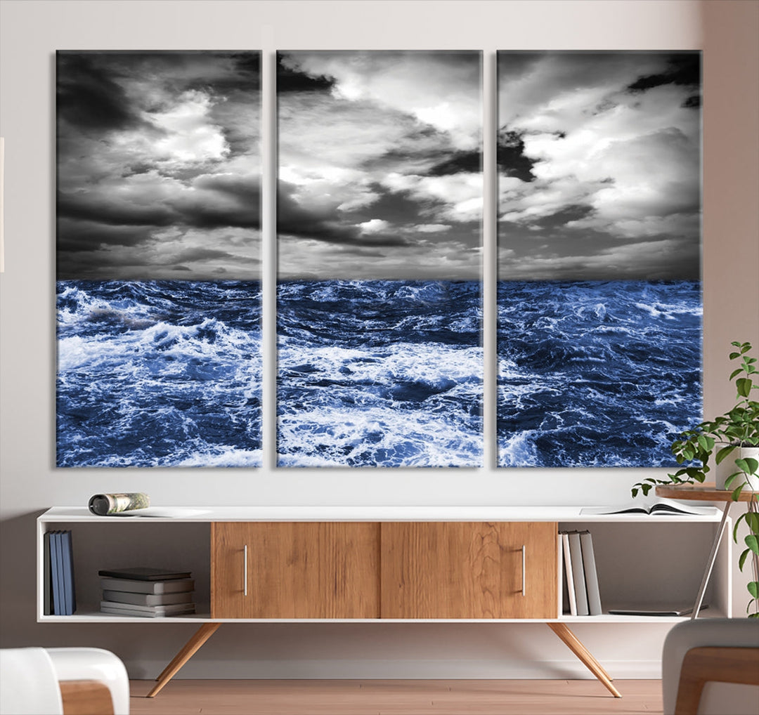 Black and Blue Hurricane on Ocean Wall Art Stormy Sea Canvas Print