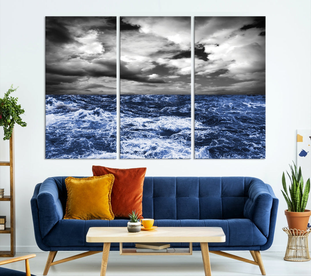 Black and Blue Hurricane on Ocean Wall Art Stormy Sea Canvas Print