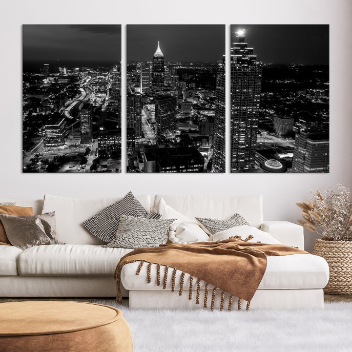 Black and White Atlanta City Skyline Wall Art Framed Canvas Print