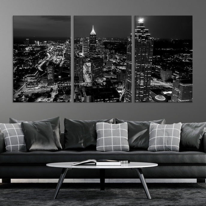 Black and White Atlanta City Skyline Wall Art Framed Canvas Print