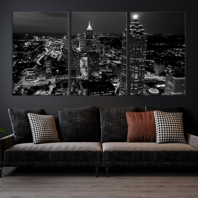 Black and White Atlanta City Skyline Wall Art Framed Canvas Print