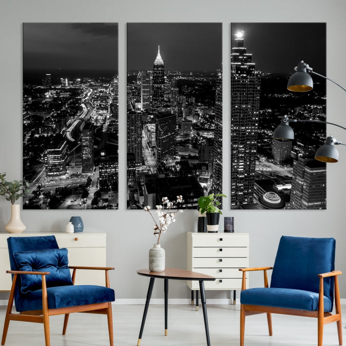 Black and White Atlanta City Skyline Wall Art Framed Canvas Print