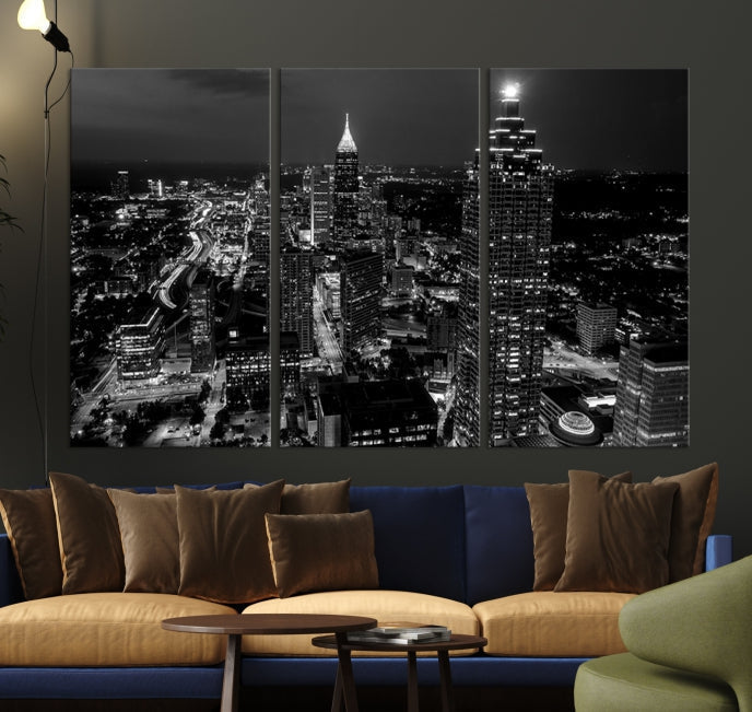 Black and White Atlanta City Skyline Wall Art Framed Canvas Print