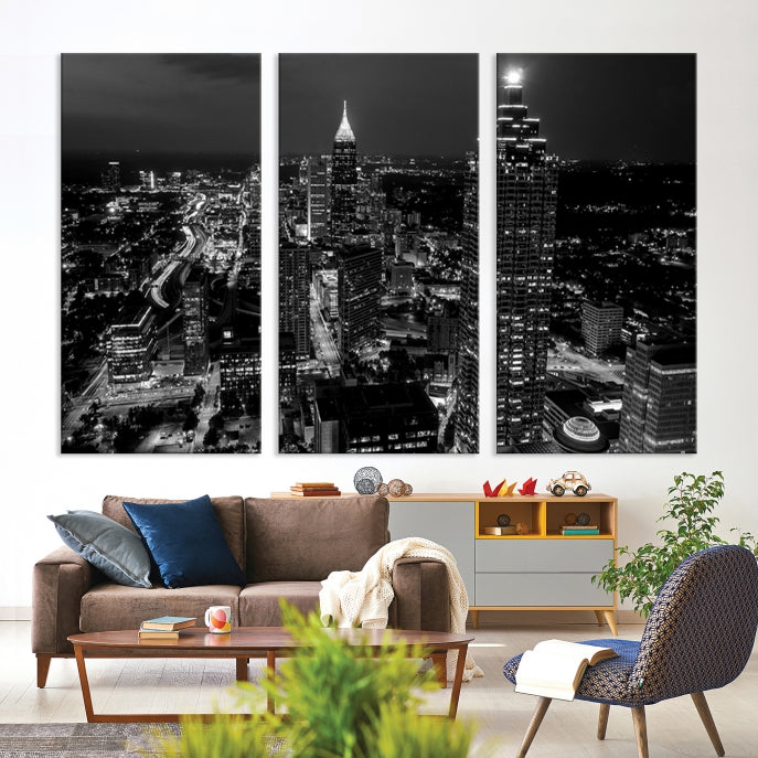 Black and White Atlanta City Skyline Wall Art Framed Canvas Print