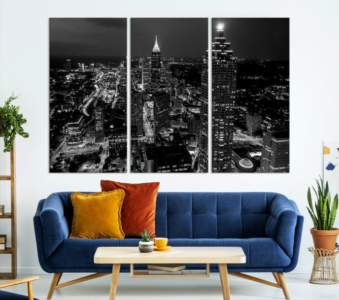 Black and White Atlanta City Skyline Wall Art Framed Canvas Print