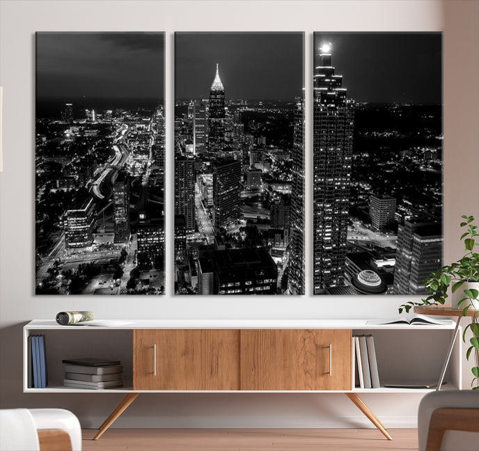 Black and White Atlanta City Skyline Wall Art Framed Canvas Print