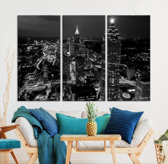 Black and White Atlanta City Skyline Wall Art Framed Canvas Print