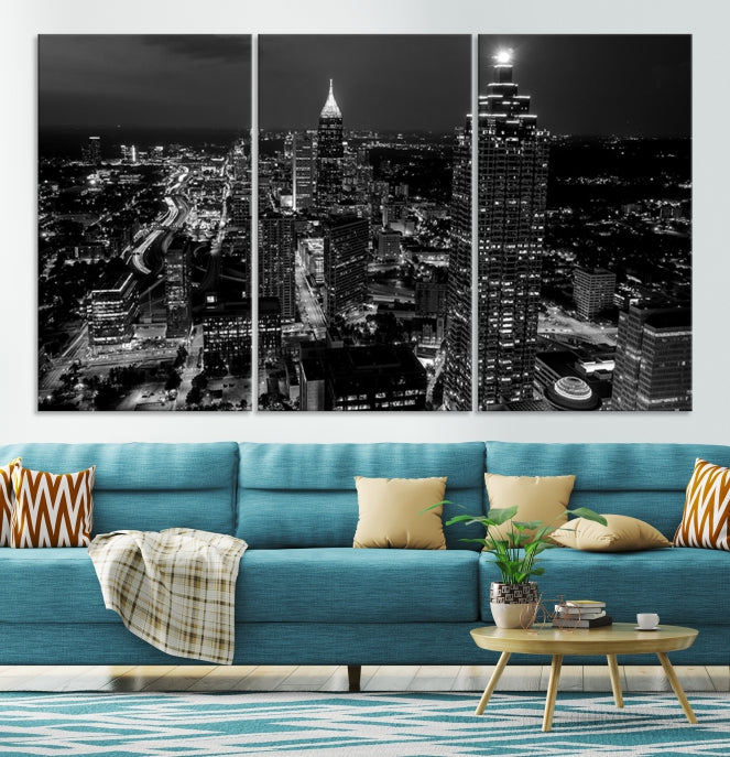 Black and White Atlanta City Skyline Wall Art Framed Canvas Print