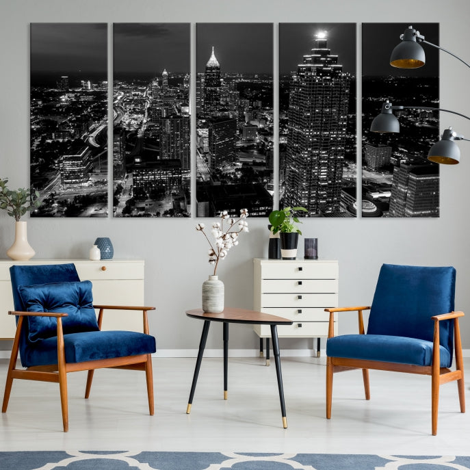 Black and White Atlanta City Skyline Wall Art Framed Canvas Print