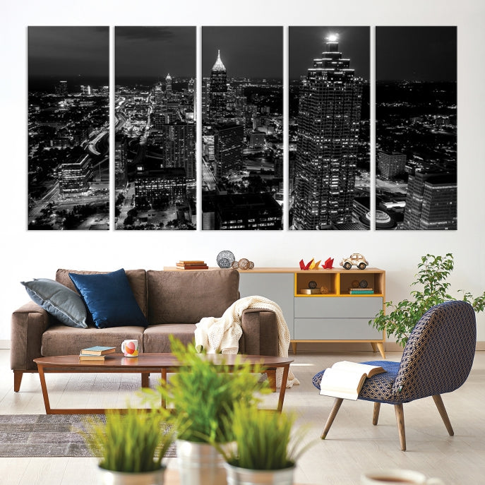 Black and White Atlanta City Skyline Wall Art Framed Canvas Print