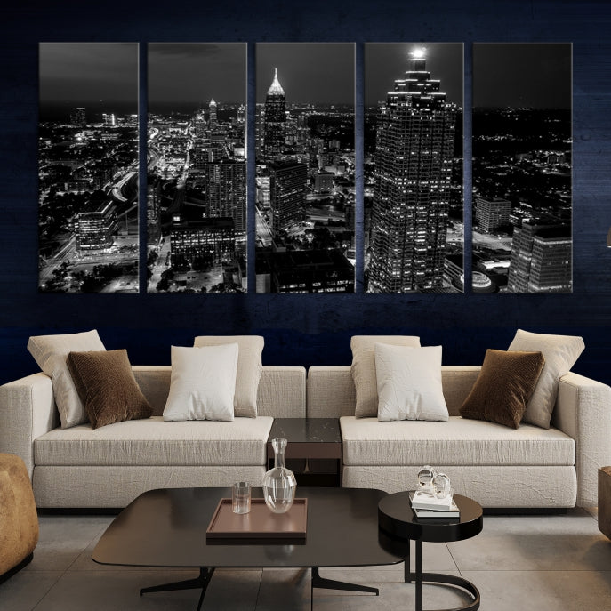 Black and White Atlanta City Skyline Wall Art Framed Canvas Print