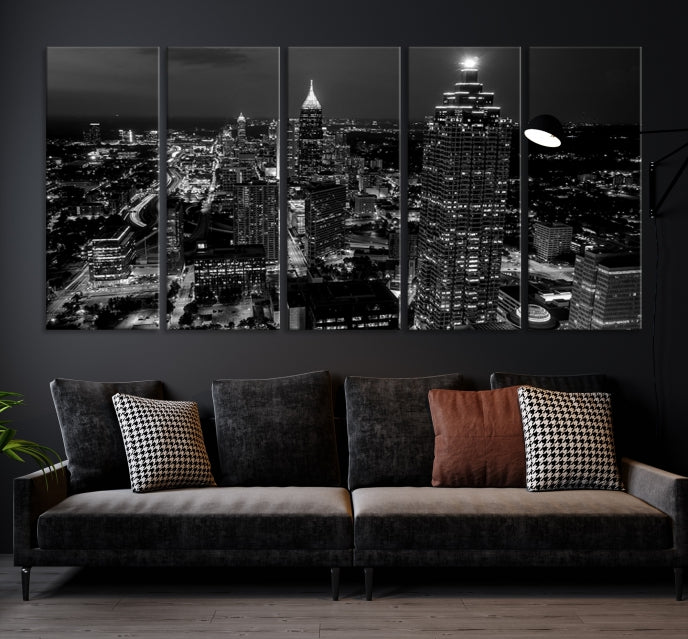 Black and White Atlanta City Skyline Wall Art Framed Canvas Print