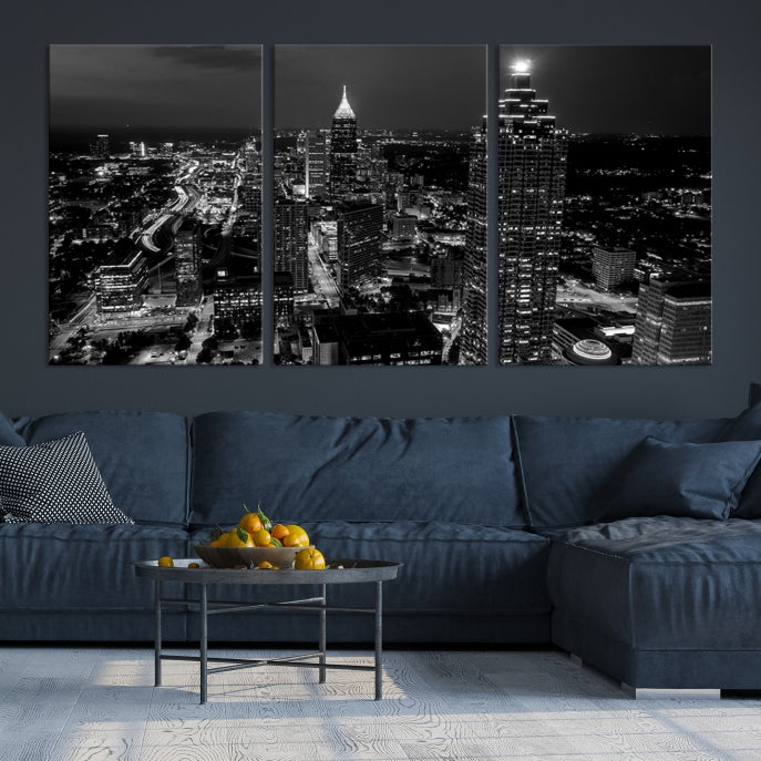 Black and White Atlanta City Skyline Wall Art Framed Canvas Print