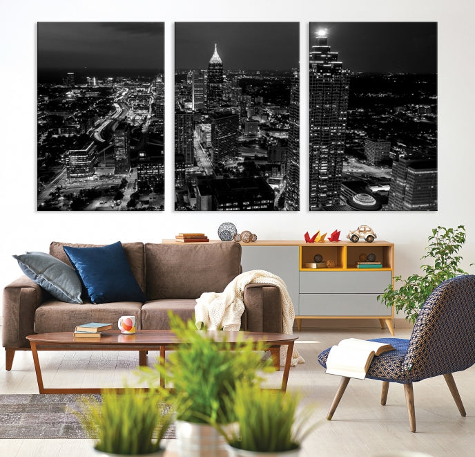 Black and White Atlanta City Skyline Wall Art Framed Canvas Print