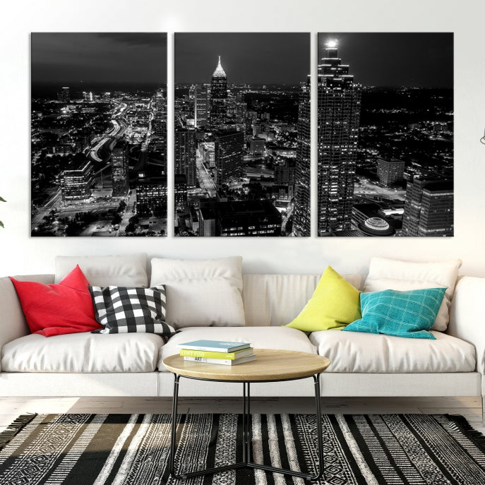 Black and White Atlanta City Skyline Wall Art Framed Canvas Print