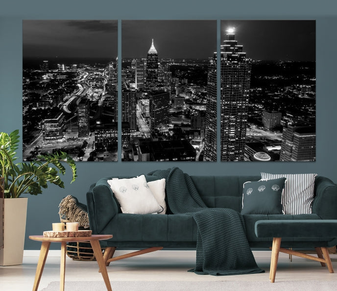 Black and White Atlanta City Skyline Wall Art Framed Canvas Print