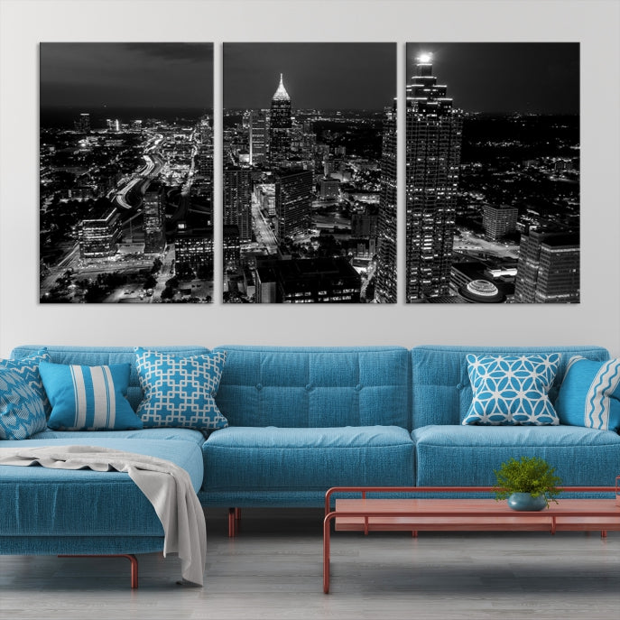 Black and White Atlanta City Skyline Wall Art Framed Canvas Print