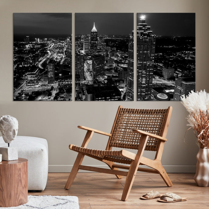 Black and White Atlanta City Skyline Wall Art Framed Canvas Print