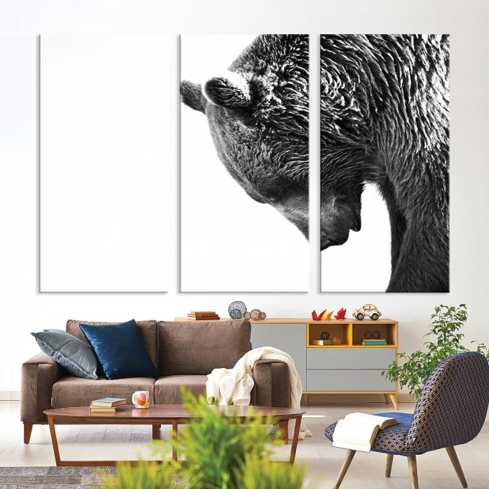 Black and White Bear Canvas Animal Grizzly Brown Bear Wall Art Giclee Print